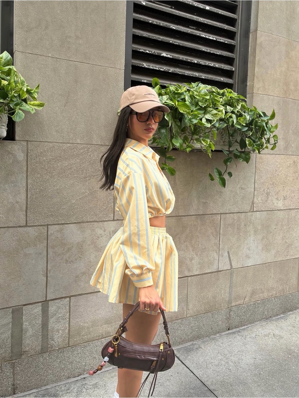 Women's Yellow Striped Pleated Mini Shorts- Coordinated Set